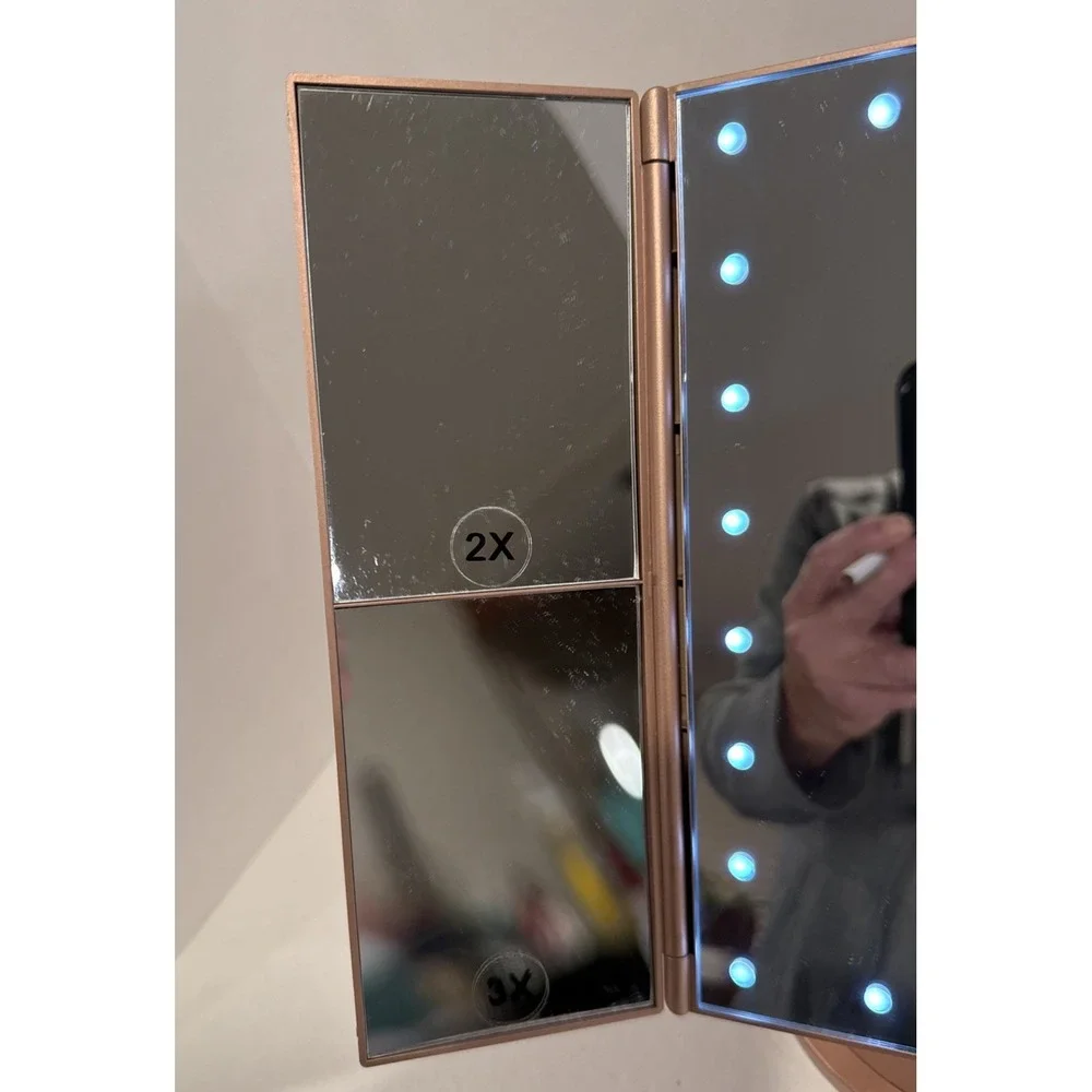Tri-Fold Rose Gold Lighted Vanity Mirror, 21 LED Lights Touch Light Magnifying
